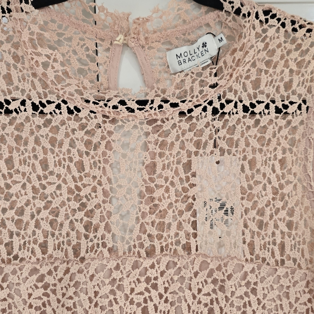 Gorgeous Pink Crochet Lace Sleeveless 3 Tiered Dress By Molly Bracken Size M - Picture 5 of 12